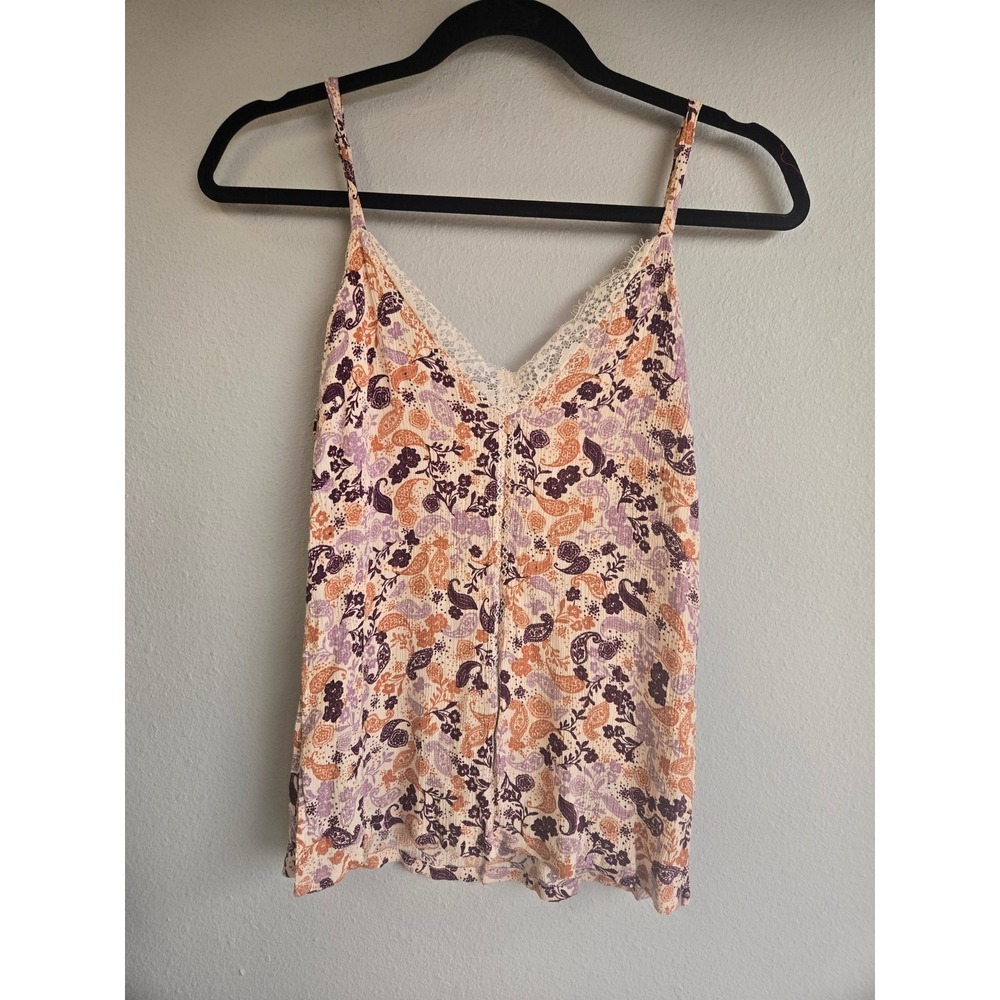 Idyllwind Boho Floral Paisley Lace Metallic V-Neck Cami Tank Top XS
